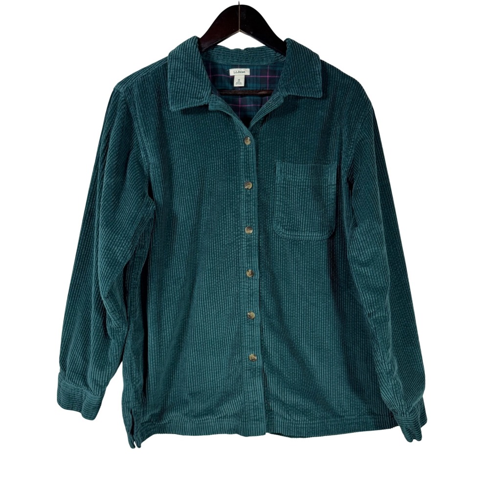 LL Bean Women Green Corduroy Button Down Shirt Flannel Trim Medium Outdoor